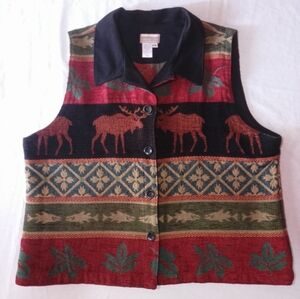 Coldwater Creek Tapestry Wilderness Moose Scene Button Vest Jacket